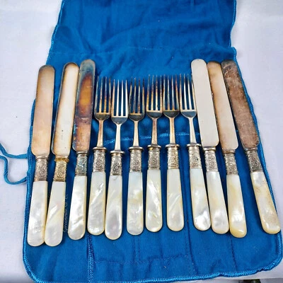 Antique Pearl Handle Forks and Knives 12 Piece LBXS England Silver inlay Landers - Image 1 of 4