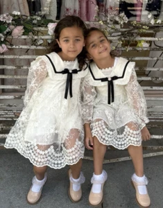 Girl Lacy Dress Sleeve Dress Ivory formal party dress English style size 4-5T - Picture 1 of 16