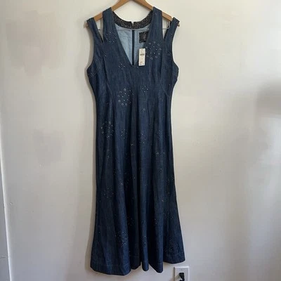 Vestido By Anthropologie Denim Tachuelas Midi Talla 8 Forrado Acampanado Sin Mangas Nuevo con Etiquetas $248 Foto 1 de 4