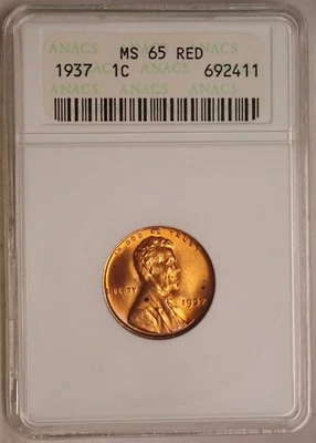 1937 Lincoln Cent ANACS MS65 RD Red Gen 4 Soapbar Old Holder SWH Soapbox - Image 1 of 4