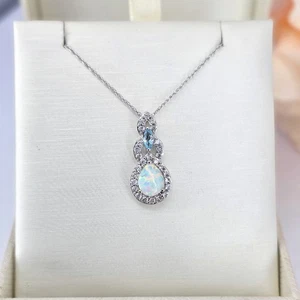 Sterling Silver 18" Lab Opal Blue Topaz Cubic Zirconia Halo Pendant Necklace - Picture 1 of 9