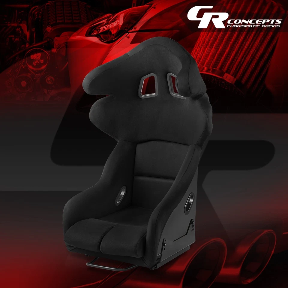 Universal Black Microfiber Suede Fixed Racing Bucket Seat w/Bottom Brackets L/R - Image 1 of 4