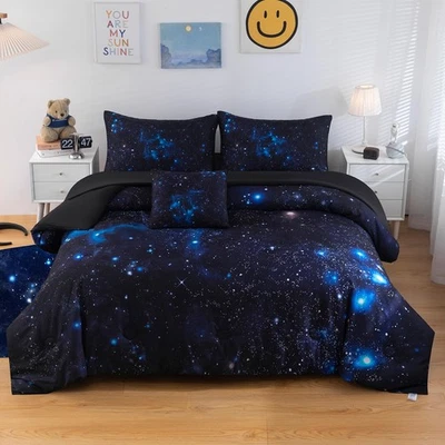 6 Pcs Galaxy Comforter Set Twin Size Space Blue and Purple Starry Sky Night B... - Image 1 of 4