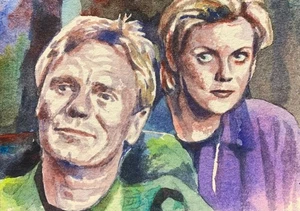 ACEO  Jack O’Neill Samantha Carter Original Watercolor sketch card Stargate SG1 - Picture 1 of 2