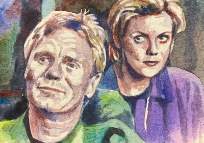 ACEO  Jack O’Neill Samantha Carter Original Watercolor sketch card Stargate SG1 - Image 1 of 2