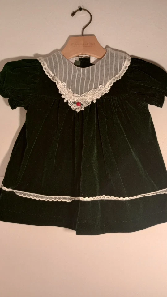 VTG Dark Green Velvet Toddler Christmas Dress 18 Months Hearts Expressions  - Image 1 of 4