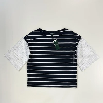 Lauren Ralph Lauren Top Navy White Striped Lace Sleeves Women’s Size Medium NEW - Image 1 of 4