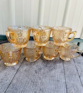 VTG Set Of 7 Jeanette Iris ~Herringbone Marigold Carnival Glass Coffee Tea Cups - Picture 1 of 11