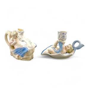 Antique Georgian softpaste porcelain creamware cherub putti candle chambersticks - Picture 1 of 24