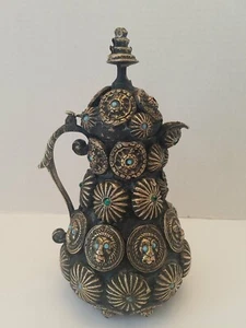 Antique Jeweled Tibetan Vessel 8.5 x 4" Hand Tooled - Picture 1 of 12