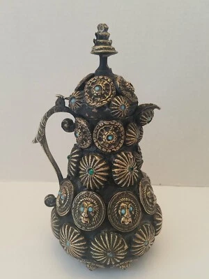 Antiguo recipiente tibetano con joyas 8,5 x 4" mecanizado a mano  Foto 1 de 4