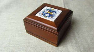 Small Square Wooden Trinket Box With Handpainted Mini Tile Inlay - Picture 1 of 10