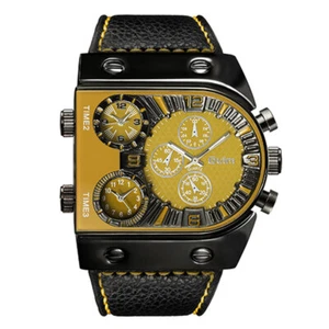 Oulm Mens Watch Sport Yellow Dial Watches Dual Time Zone Leather Wristwatch 9315 - Picture 1 of 9