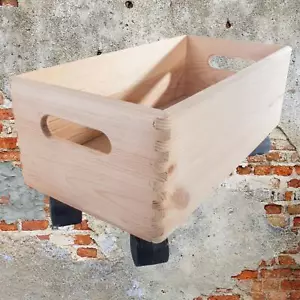 Wooden Oblong Storage Crate Box W/ Wheels 40x20cm Plain Pine Moving Container - Picture 1 of 9