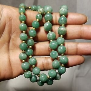 vintage jade jadeite necklace natural polished stone gold tone bead 18"