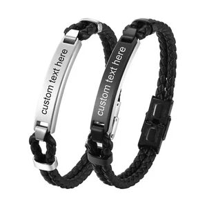 Free Engraving Leather Braided Fashion Men Bracelet Stainless Steel Dad Gift - Picture 1 of 15