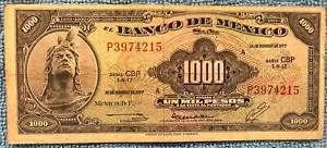 1977 Mexico 1000 Pesos Cuauhtemoc Mexican banknote SERIE CBP PREFIX P 3974215 - Picture 1 of 2