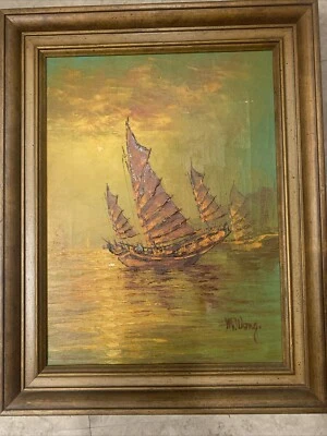 Pintura a óleo original de pesca chinesa St. Young. Quadro M. Wong raro e bom - Imagem 1 de 4