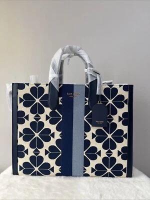 NWT Kate Spade Oversized Spade Flower Jacquard Stripe Manhattan Large Tote Blue - Image 1 of 4