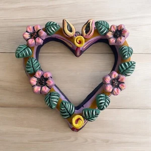 Heart with Flowers Tree of Life Style Handmade Clay Mexico 9 in wide - Picture 1 of 6