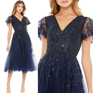 Mac Duggal $598 Size 6 Embellished Flutter Sleeve Tea Length Midnight Navy Dress - Picture 1 of 10