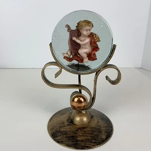 Angel Cherub Metal Candle Holder - Handmade Cherub On Round Hand Blown Glass - Picture 1 of 9