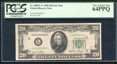 FR. 2059-L* 1950 $20 *STAR* FEDERAL RESERVE NOTE SAN FRANCISCO,CA PCGS UNC-64PPQ - Image 1 of 2