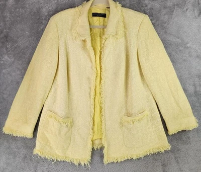 Jaqueta Dana Buchman Feminina 14 Amarela Boucle Tweed Aberta Frontal Franja Blazer - Imagem 1 de 4