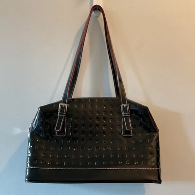 Bolso de Hombro ARCADIA Charol Negro con Borde Borgoña Hecho en Italia Foto 1 de 4