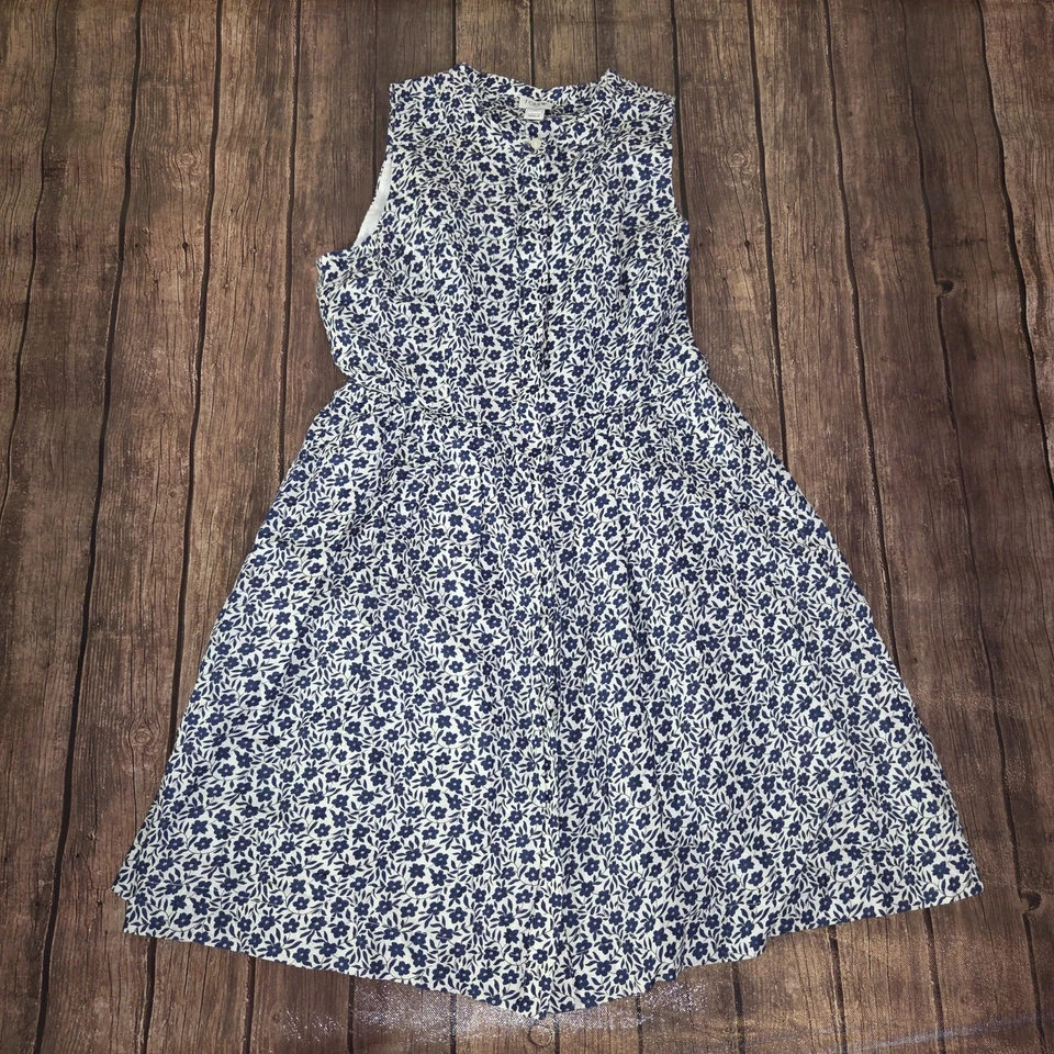 J.Crew Dress Womens 10 White Blue Floral Shirt Dress Linen Cotton Pockets - Image 1 of 4