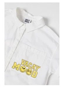 Zara Smiley Shirt Girls 13-14 White Cotton Vacay Mood Emoji Back Print - Picture 1 of 10