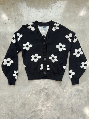 Suéter/Cardigan Flor Blanco y Negro Azul Marino Antiguo, Niñas Talla 12- Usado Una Vez Foto 1 de 4