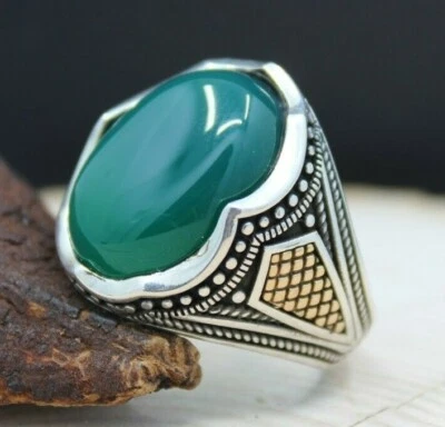Green Agate Oval Stone Solid 925 Sterling Silver Men Ring - Image 1 of 4