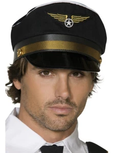 Adults Black Pilot Hat With Emblem Costume Accessory - Picture 1 of 1