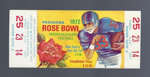 VINTAGE 1972 NCAA ROSE BOWL FULL FOOTBALL TICKET - INDIANS v MICHIGAN WOLVERINES Cover