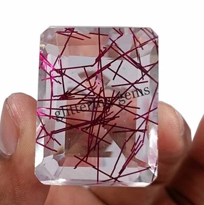 153 CT+ Top Quality Pink Rutilated Quartz Certified Emerald Cut Gemstone SA - Picture 1 of 8