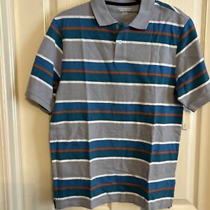 Amazon Essentials Men Polo Striped Shirt Short Sleeve Button Teal Gray Small