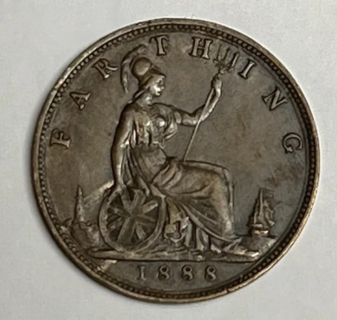 1888 XF GREAT BRITAIN Farthing, Victoria old British copper coin Extra Fine Cover