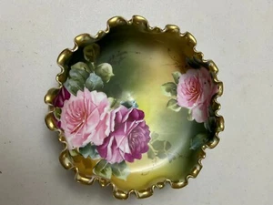 Antique Hand Painted Nippon Round Floral (Pink Roses) Ruffled Edge Dish - Picture 1 of 11