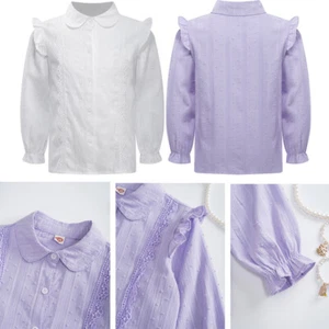 Kids Girls Costume Cotton Tops Pageant Shirt Solid Color Uniform Doll Party - Picture 1 of 27