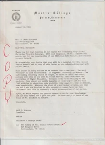 Martin College Letter Gift Memorial Jan. 1985 Pulaski Tennessee TN. - Picture 1 of 1