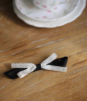 Black & White Printed Ribbon Bow Hair Clip – Vintage Text Barrette | French Styl - Image 1 of 4