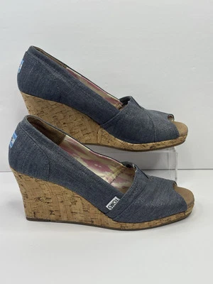 Toms Women Size 9.5 Blue Denim Silver Fabric Cork High Heel Wedge Peep Toe Shoe - Image 1 of 4