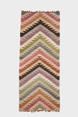 Vintage Wool Rug Runner Multicolor Aztec Chevron Striped Fringe Kilim Hand Woven - Image 1 of 4