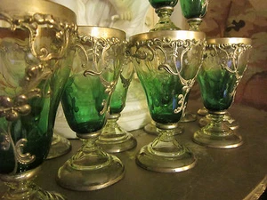 Moser Style Bohemian Crystal Silver overlaid Art glass Green to clear Goblets 12 - Picture 1 of 14