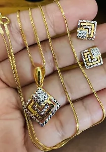 22CT 22K 916 Dubai Gold Diamond Shape Earring Necklace 20” Long 8.9g 1.2mm - Picture 1 of 22