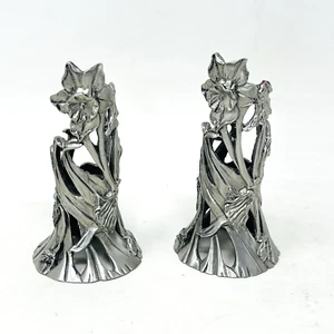 Vintage Seagull Candlestick Holders Daffodil Flower Pewter 1990 Canada Set of 2 - Picture 1 of 15
