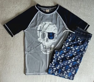 GYMBOREE Boys Yth Sz L 10 12 2PC Grey Blue Skull Rash Guard & Swim Shorts Set~ - Picture 1 of 5