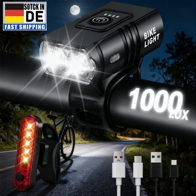 MARKENLOS LED USB Fahrrad Licht Set Beleuchtung SET 1000LUX Scheinwerfer Rücklicht Lampe