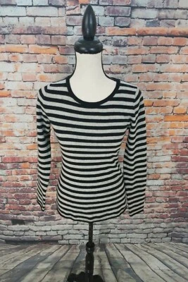 Suéter Pullover 100% CACHEMIRA Sin Marca Para Mujer Manga Larga Negro Gris Rayas S-M Foto 1 de 4